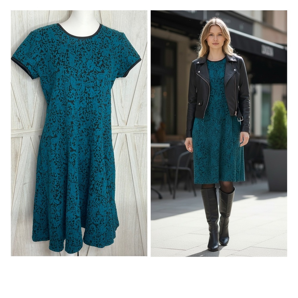 EUC Blair Teal Black Midi Dress Paisley Damask sz M crew neck fit & flair moody